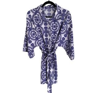 Bohemian Women's Boho Printed Kimono Tie Front Robe Navy & White - L EUC
